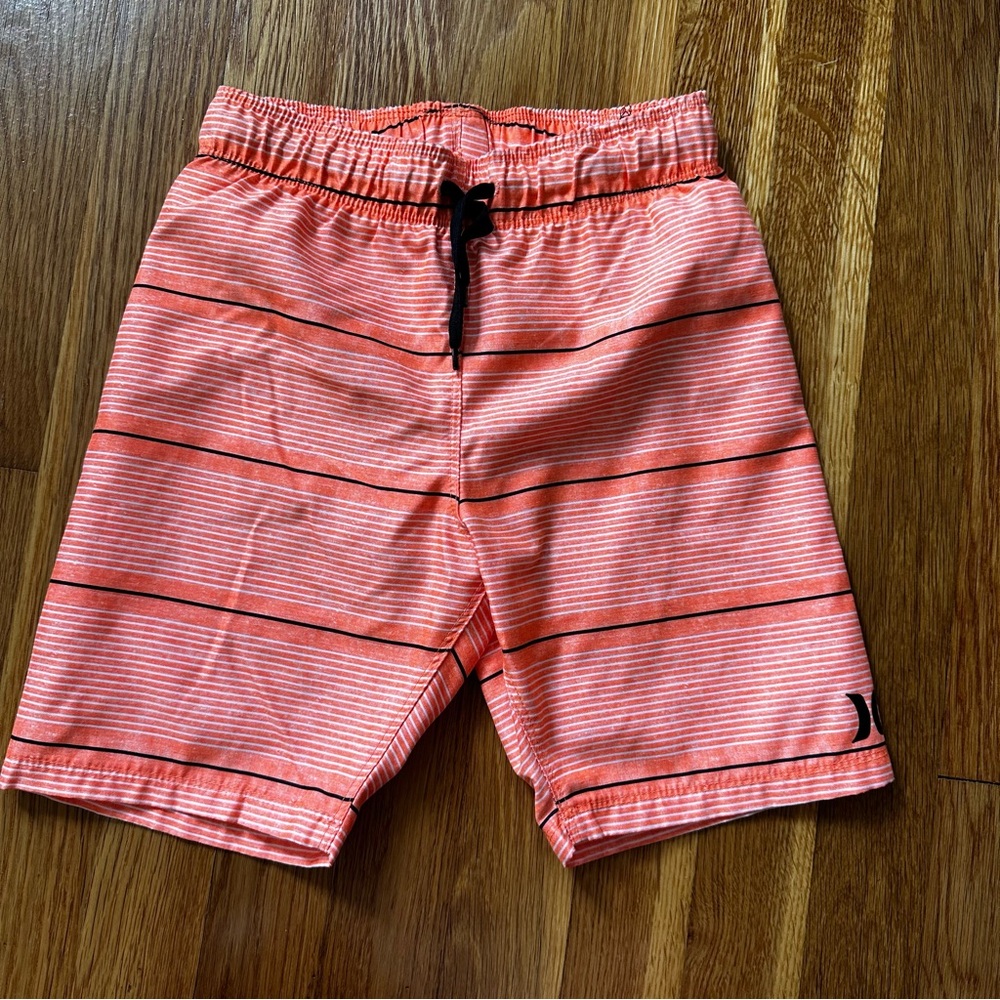 Hurley Boys Size 5/6 Board Shorts Orange White Stripe Swim Trunks Mesh Lined